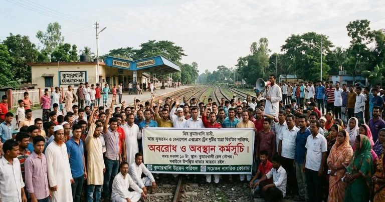 কুমারখালীতে আন্তঃনগর ট্রেনের স্টপেজ দাবিতে অবস্থান কর্মসূচি