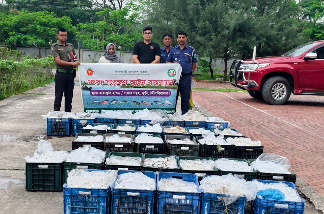 হাকালুকি হাওরে অভিযানে ৫৫০ কেজি পোনা মাছ জব্দ ও অর্থদণ্ড আদায়